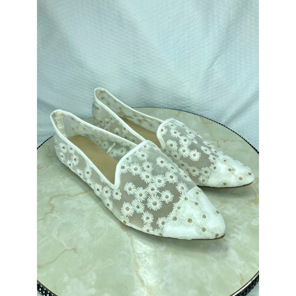 Olivia & Kate Daisy Floral Mesh Ballet Flats Womens 10 White Pointed Toe Shoes